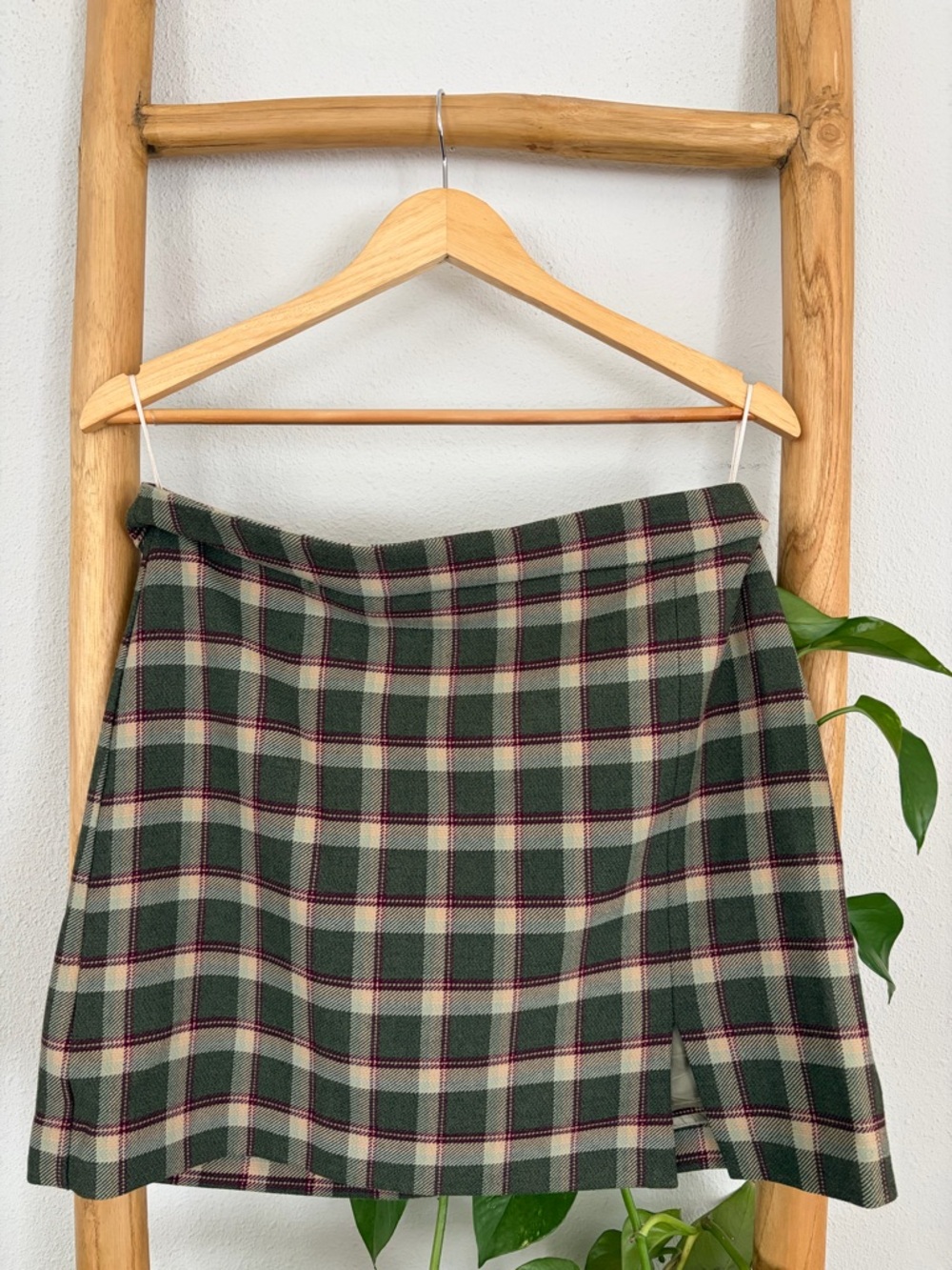 Wilfred Green Plaid Mini Skirt with Burgundy Accents